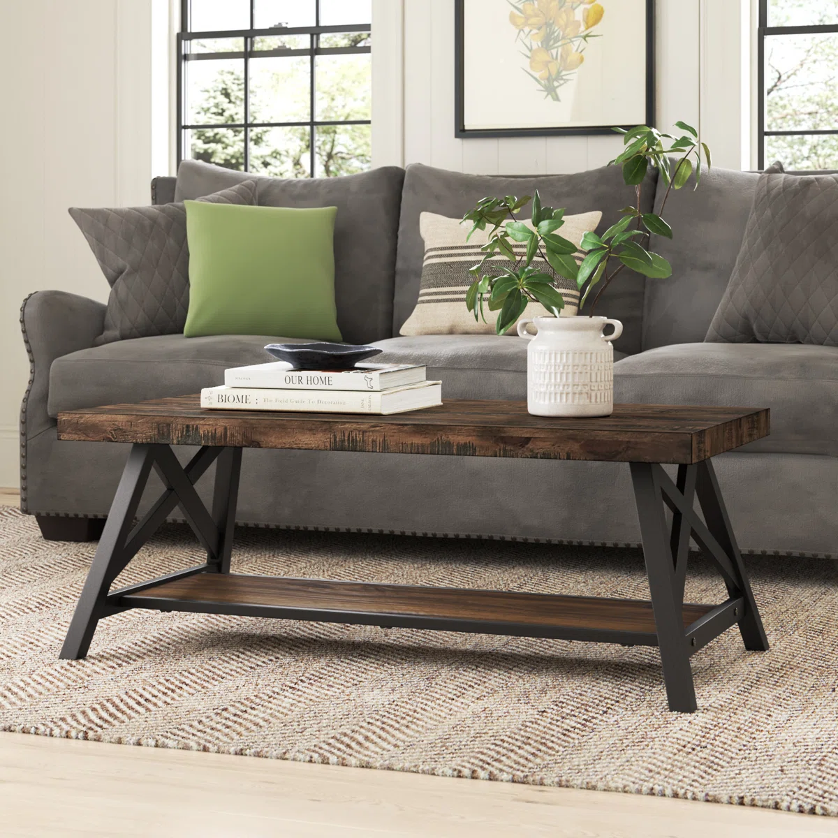 Coastal Farmhouse Coffee Table with Trestle Base
